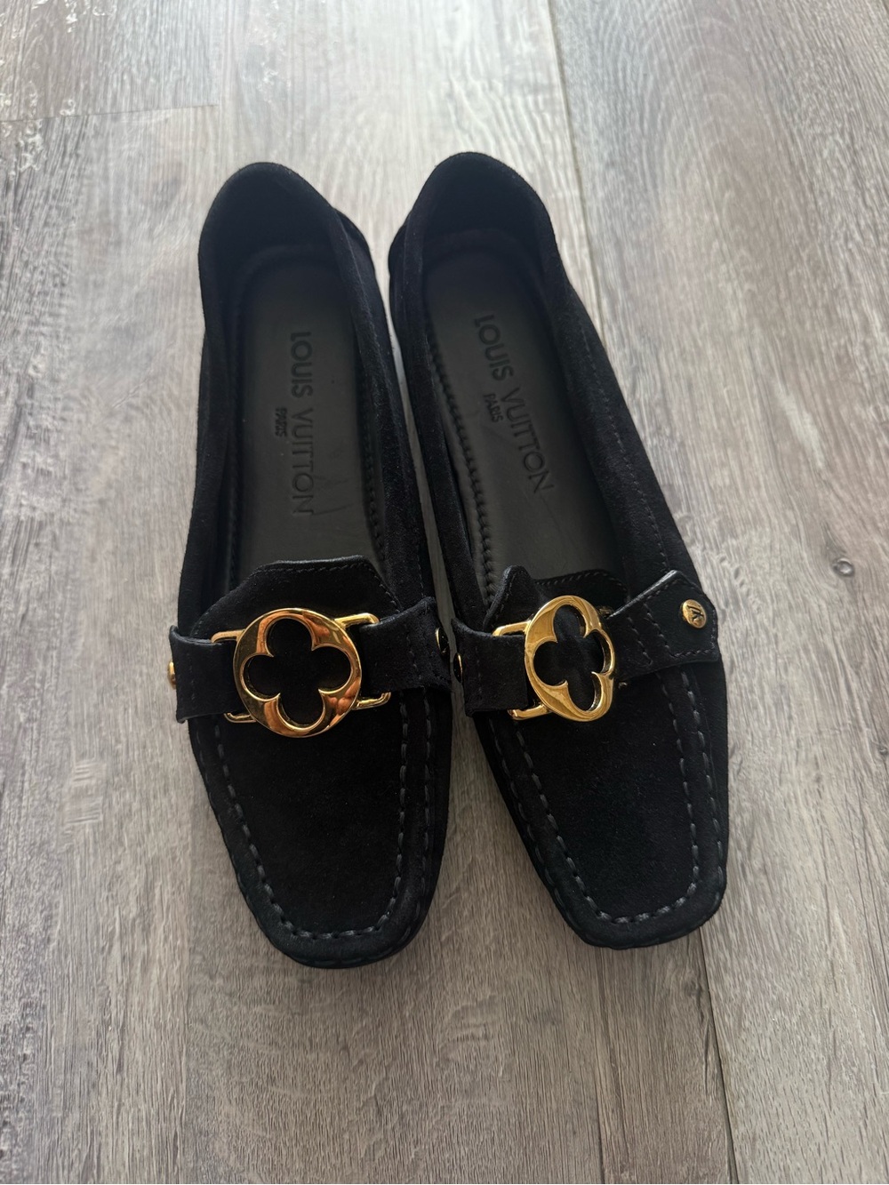 Louis Vuitton Black Suede Loafers with Gold Quatrefoil Hardware